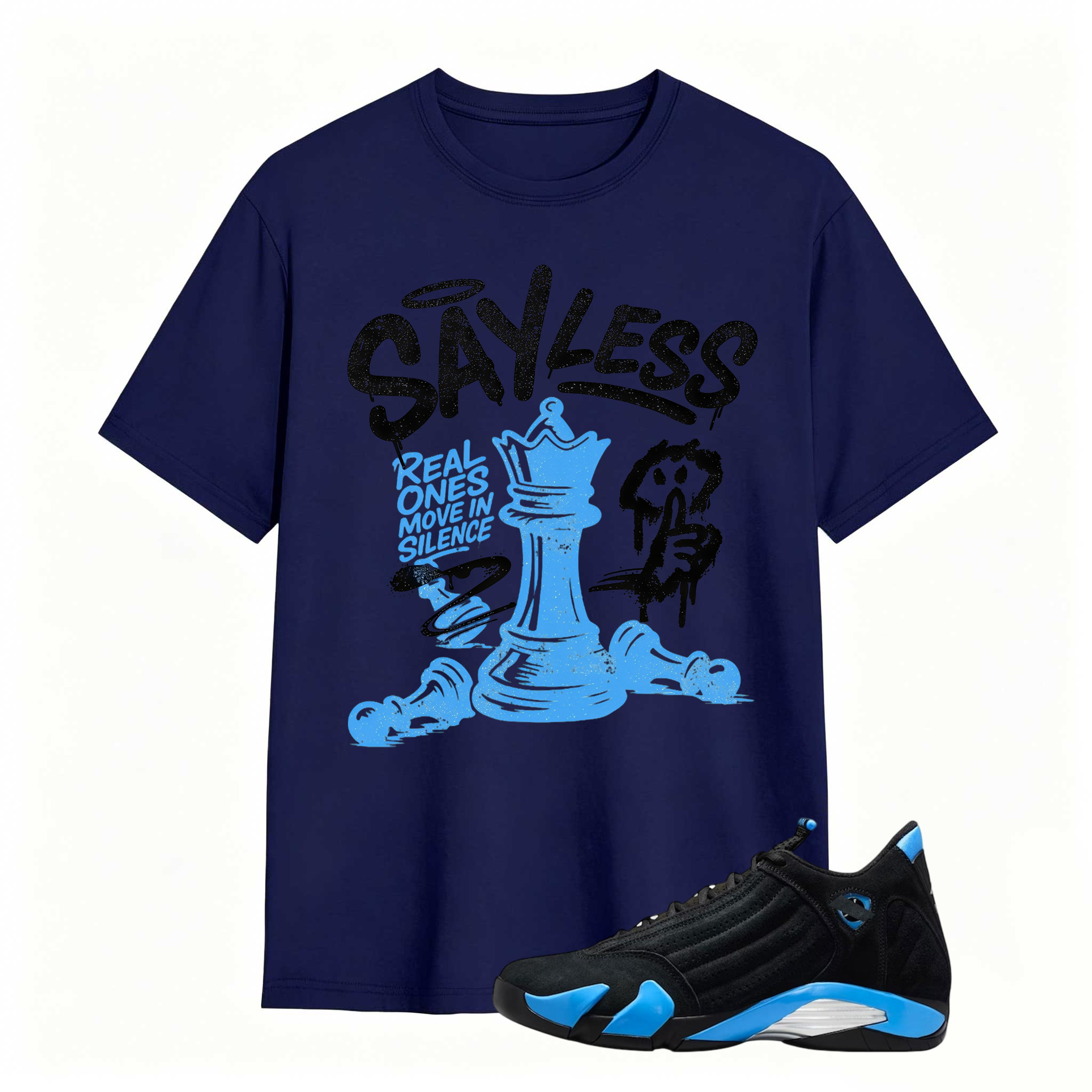SAYLESS! Shirt To Match Air Jordan 14 Black and University Blue - Jordan 14s Retro Blue Black Match Shirt