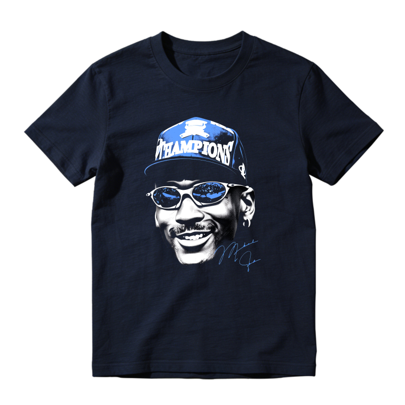 Michael Jordan Champions Cap And Sunglasses Portrait Shirt To Match Jordan 14 Black And University Blue Sneaker Match Shirt