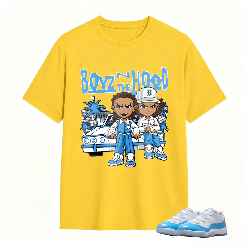 Boyz N The Hood Cartoon Characters With Car And Palm Trees Shirt To Match Jordan 11 University Blue Sneaker Match Shirt