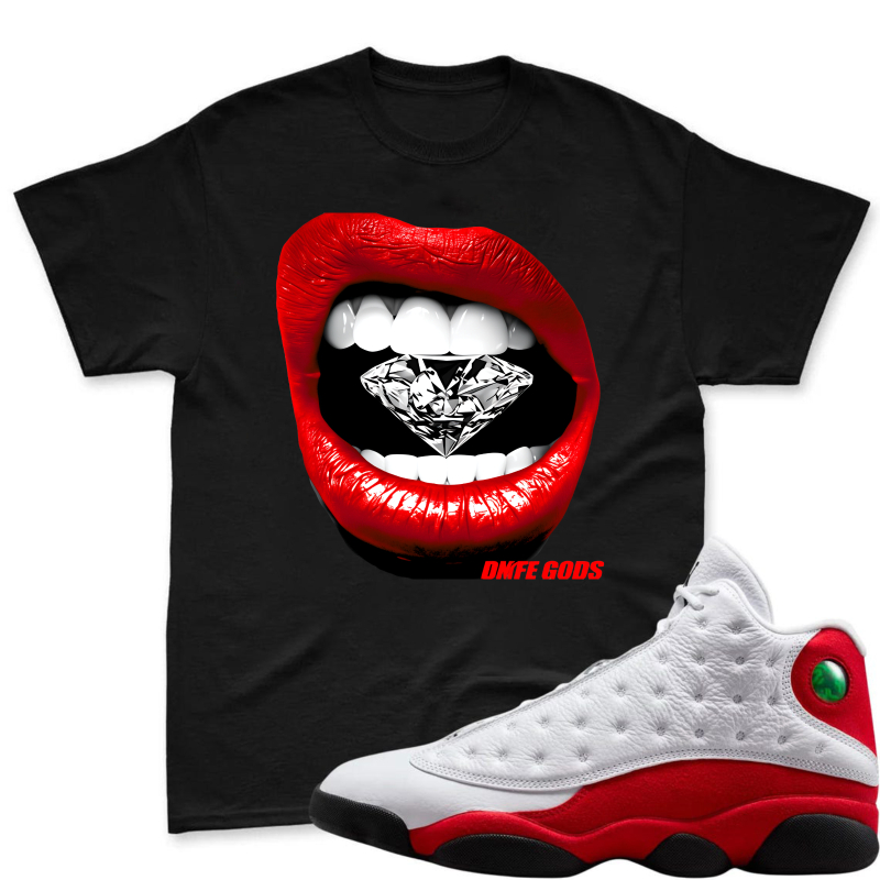 Red Lips With Diamond Teeth Pattern Shirt To Match Air Jordan 13 Chicago - Sneaker Match Shirt