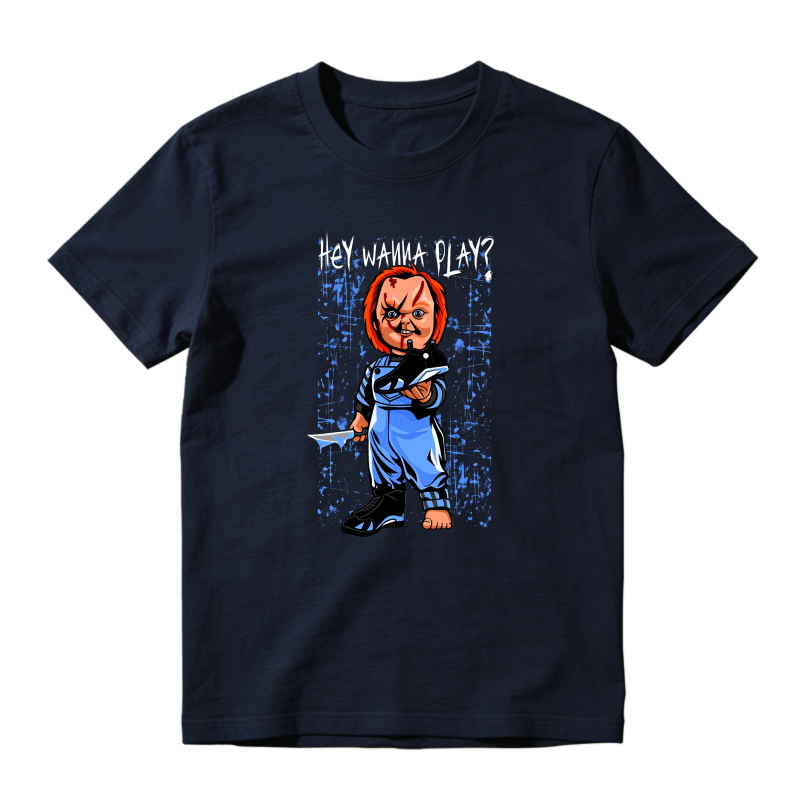 Chucky Doll With Knife And Text Hey Wanna Play Shirt To Match Jordan 14 Black And University Blue - Sneaker Match Shirt