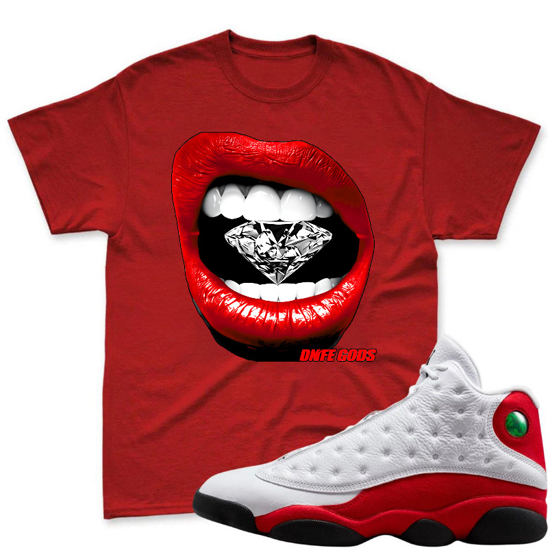 Red Lips With Diamond Teeth Pattern Shirt To Match Air Jordan 13 Chicago - Sneaker Match Shirt