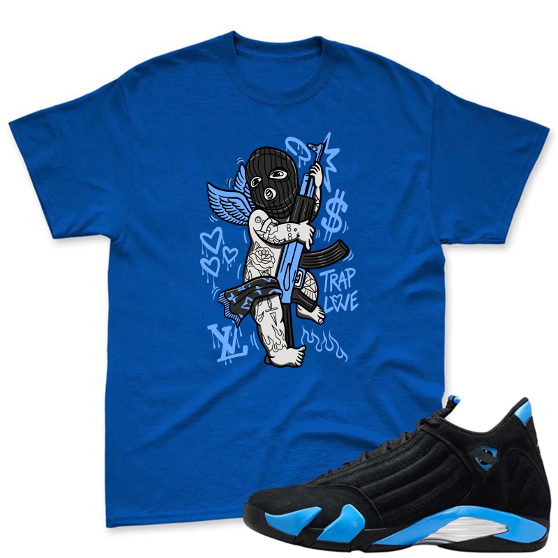 Angel With Gun And Trap Love Text Shirt To Match Jordan 14 Black And University Blue - Sneaker Match Shirt