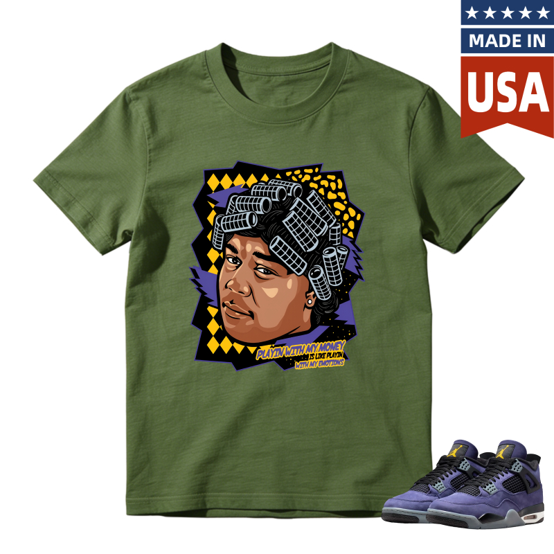 Cartoon Portrait With Hair Rollers And Text Playin With My Money Not My Emotions Shirt To Match Jordan 4 Lakers Imperial Purple Sneaker Match Shirt