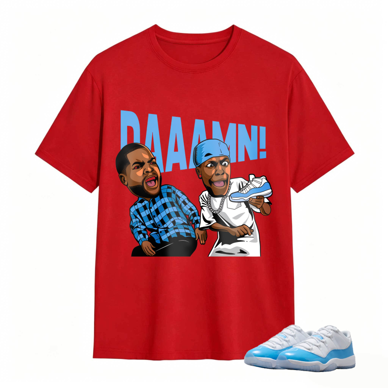 Cartoon Characters With Blue Sneaker And Daaamn Text Shirt To Match Jordan 11 University Blue - Sneaker Match Shirt