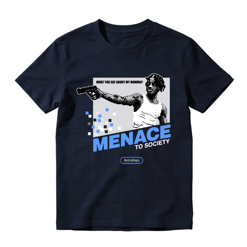 Menace To Society Graphic With Gun And Text Shirt To Match Jordan 14 Black And University Blue Sneaker Match Shirt