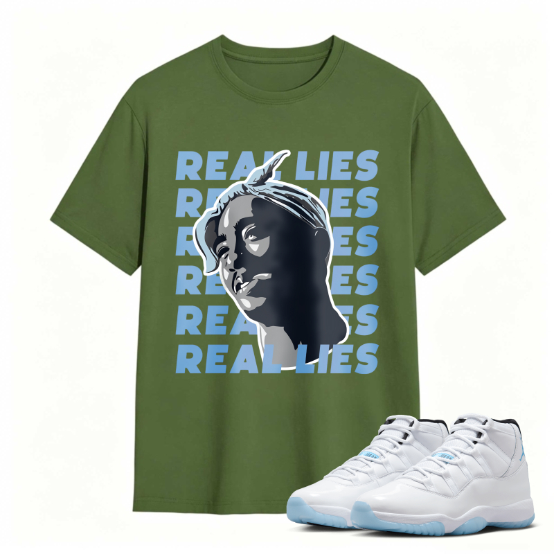 Real Lies Text And Portrait Design Shirt To Match Air Jordan 11 White Legend Blue Sneaker Match Shirt