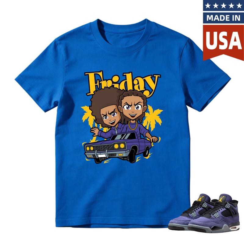 Friday Cartoon Characters In Car Shirt To Match Jordan 4 Lakers Imperial Purple Sneaker Match Shirt