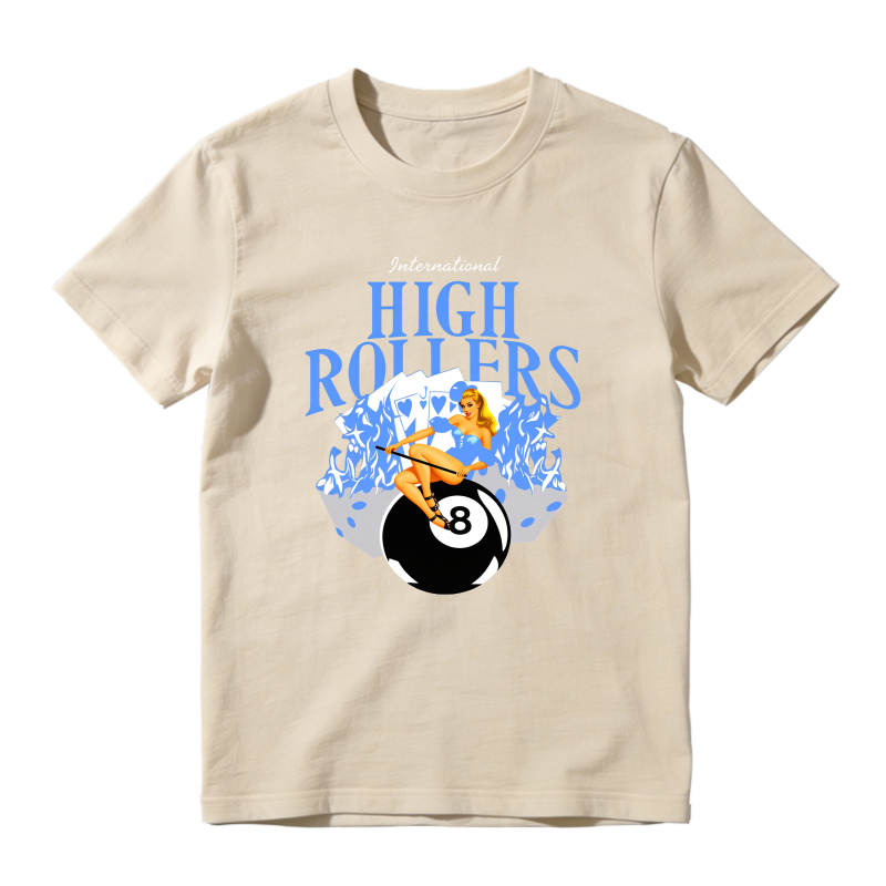 International High Rollers Woman On Eight Ball With Flames Shirt To Match Jordan 14 Black And University Blue Sneaker Match Shirt