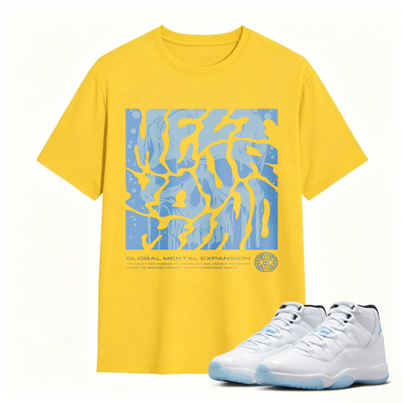 Abstract Blue Wave Pattern With Global Mental Expansion Text Shirt To Match Air Jordan 11 White Legend Blue Sneaker Match Shirt