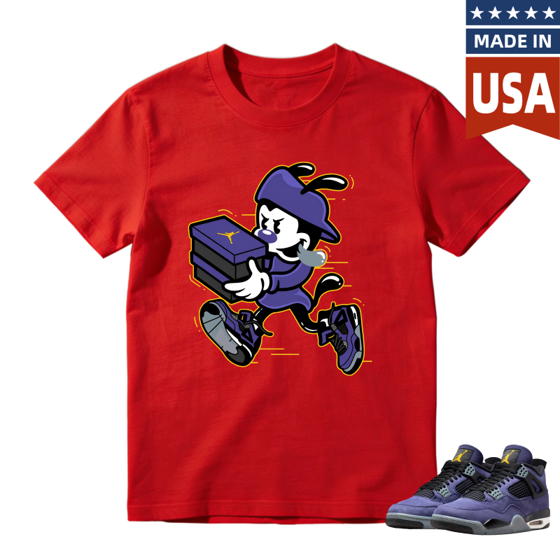 Cartoon Character Holding Shoe Box Shirt to Match Jordan 4 Lakers Imperial Purple - Sneaker Match Shirt