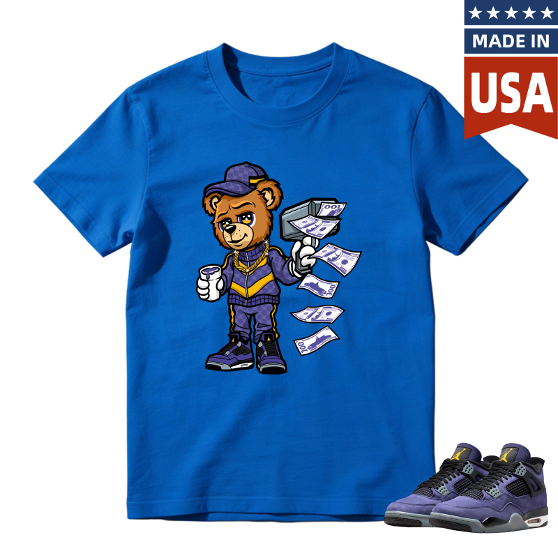 Cartoon Bear Holding Money And Coffee Shirt To Match Jordan 4 Lakers Imperial Purple - Sneaker Match Shirt