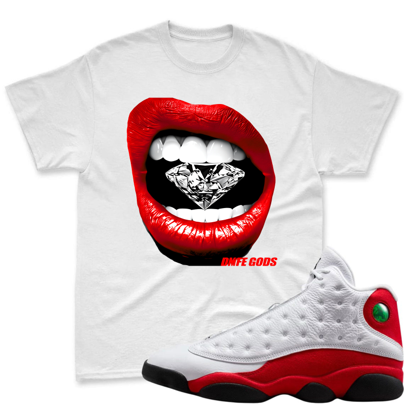 Red Lips With Diamond Teeth Pattern Shirt To Match Air Jordan 13 Chicago - Sneaker Match Shirt