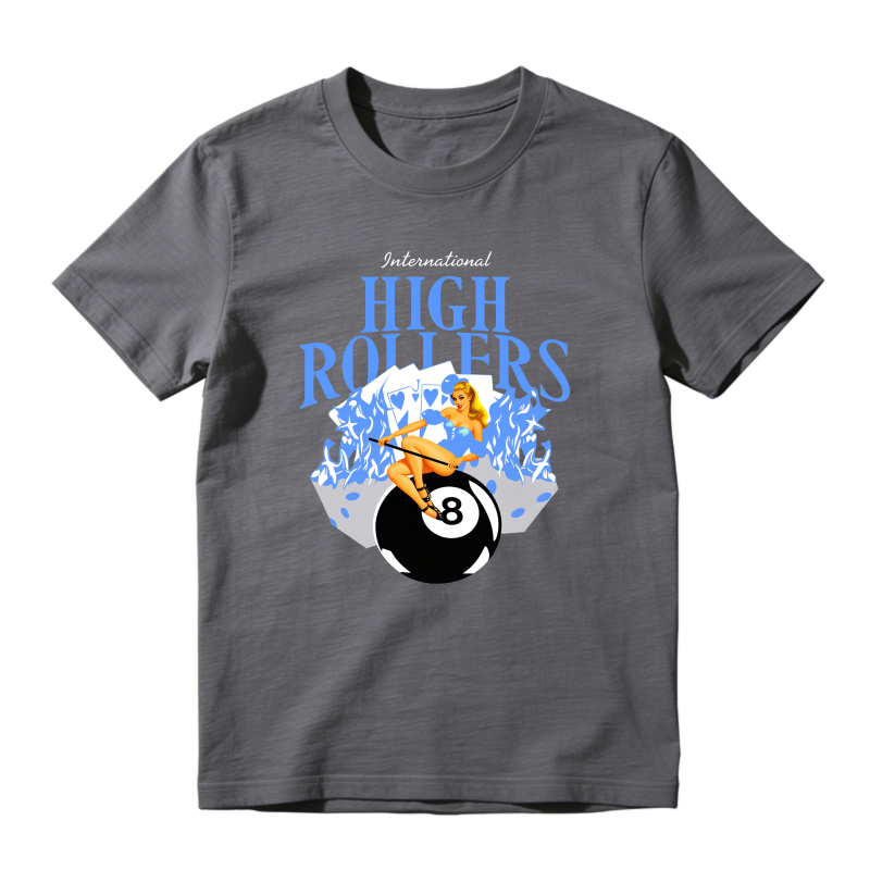International High Rollers Woman On Eight Ball With Flames Shirt To Match Jordan 14 Black And University Blue Sneaker Match Shirt