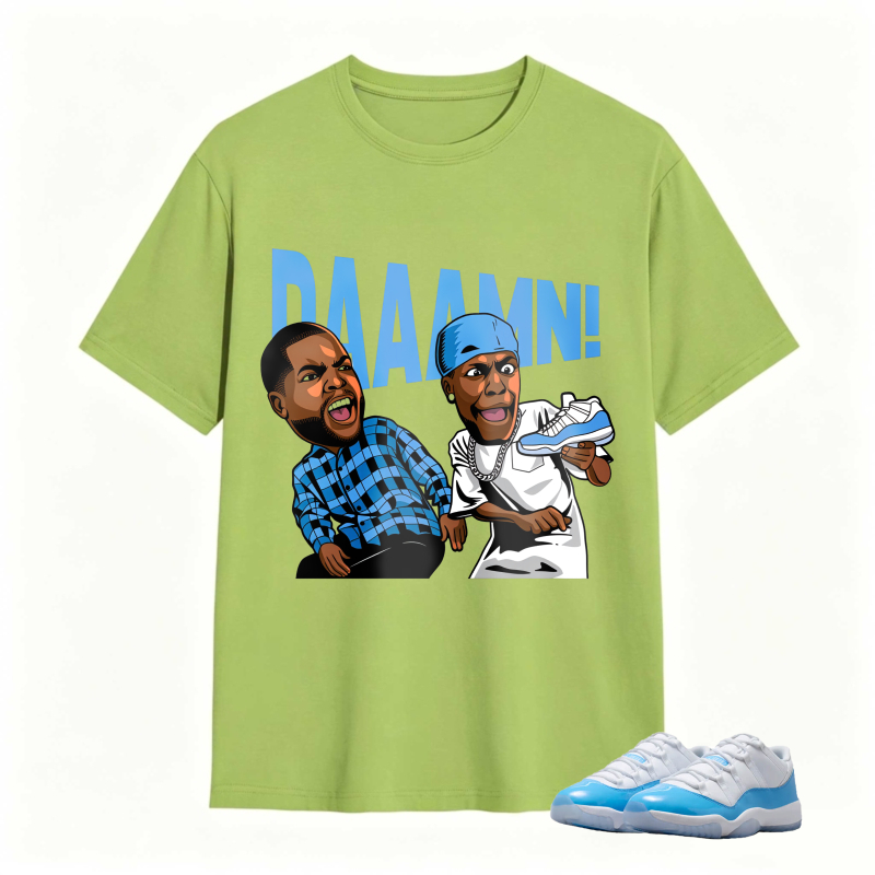 Cartoon Characters With Blue Sneaker And Daaamn Text Shirt To Match Jordan 11 University Blue - Sneaker Match Shirt