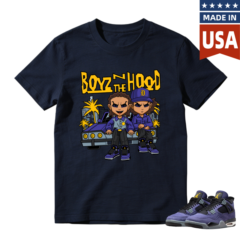 Boyz N The Hood Cartoon Characters With Car And Palm Trees Shirt To Match Jordan 4 Lakers Imperial Purple Sneaker Match Shirt