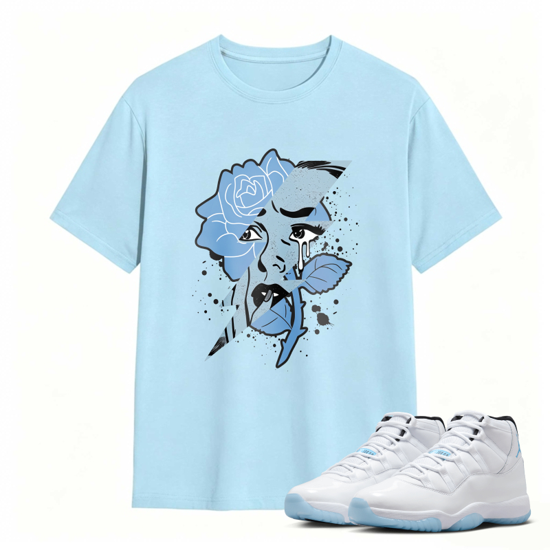 Blue Rose Face Art Shirt to Match Air Jordan 11 White Legend Blue - Sneaker Match Shirt