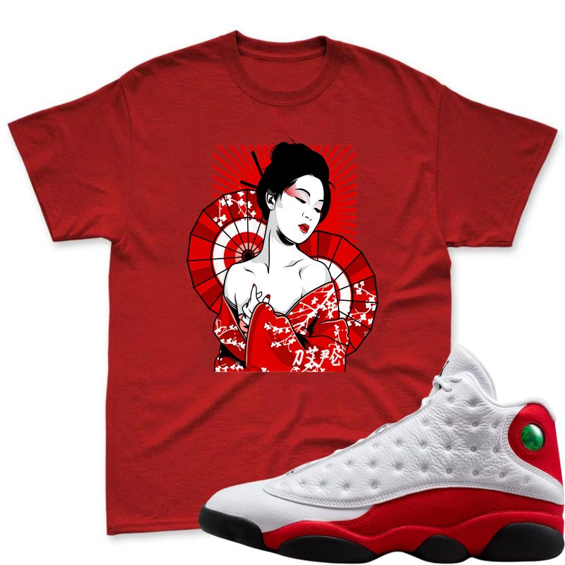 Geisha With Red Fan And Cherry Blossoms Shirt To Match Air Jordan 13 Chicago - Sneaker Match Shirt