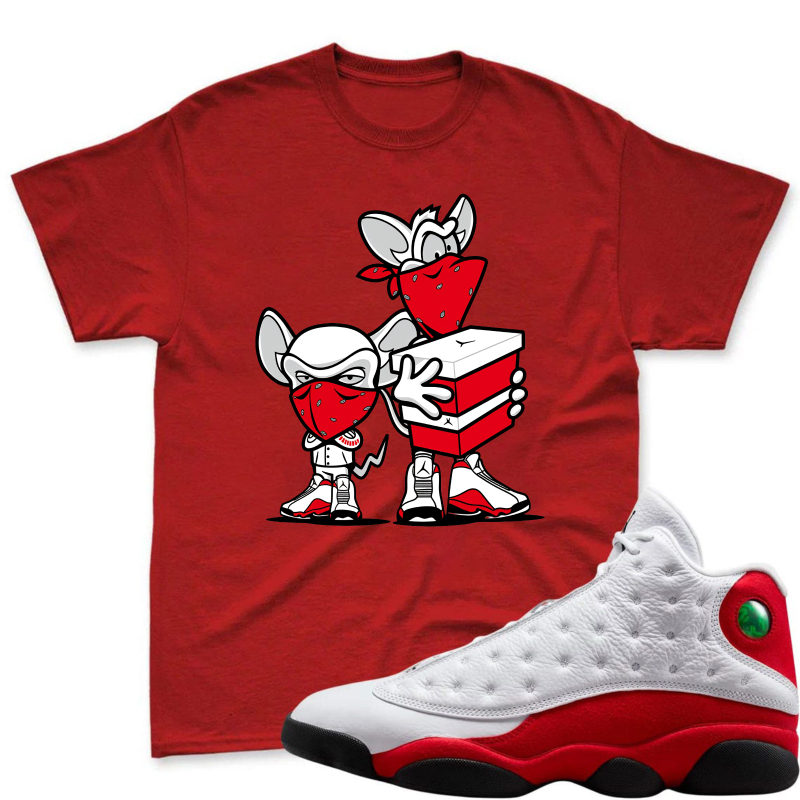 Cartoon Mice With Red Masks And Shoes Shirt To Match Air Jordan 13 Chicago Sneaker Match Shirt
