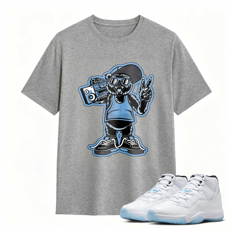 Cartoon Bear With Boombox And Sunglasses Shirt To Match Air Jordan 11 White Legend Blue - Sneaker Match Shirt
