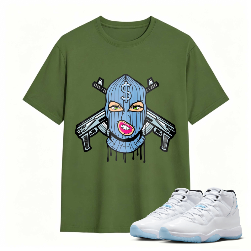Blue Mask With Dollar Sign And Crossed Guns Shirt To Match Air Jordan 11 White Legend Blue Sneaker Match Shirt