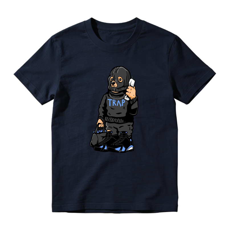 Cartoon Dog Wearing Trap Hoodie And Holding Phone Shirt To Match Jordan 14 Black And University Blue - Sneaker Match Shirt