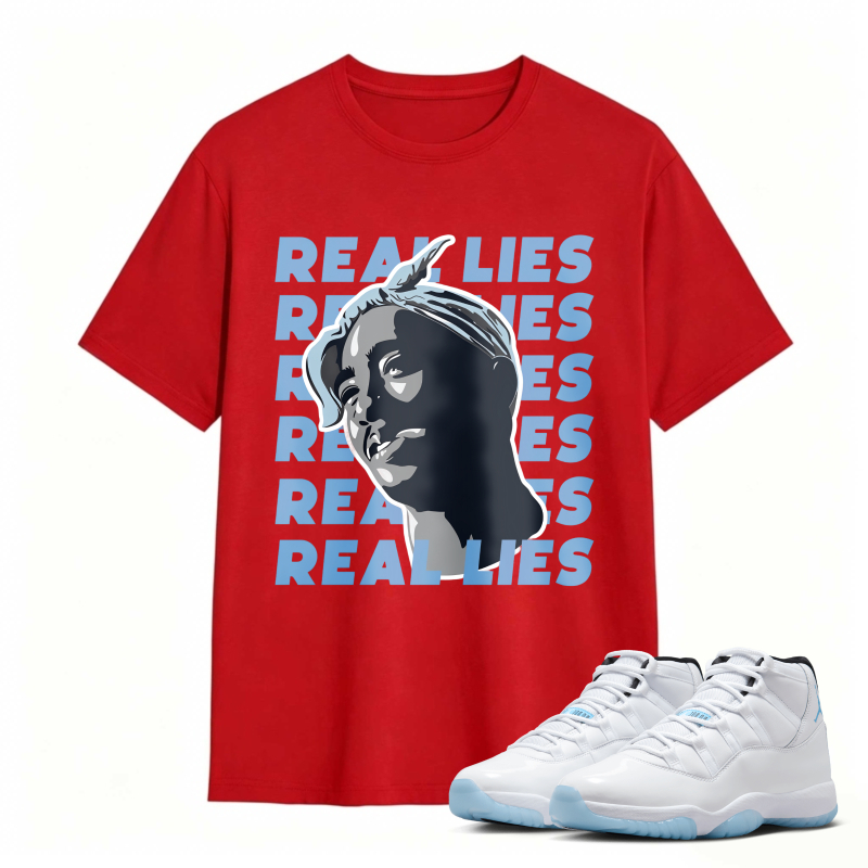 Real Lies Text And Portrait Design Shirt To Match Air Jordan 11 White Legend Blue Sneaker Match Shirt