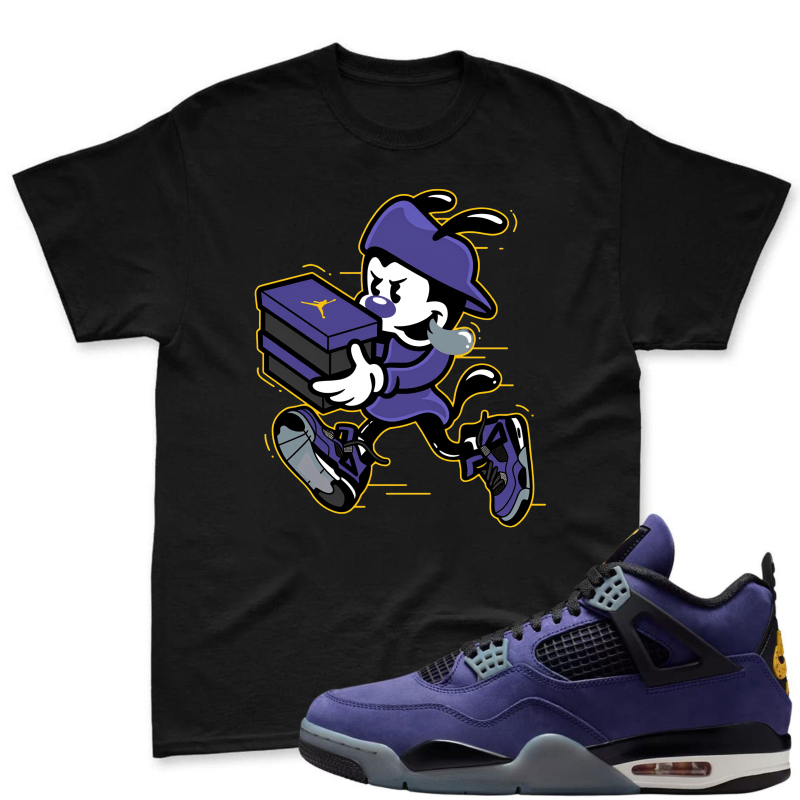 Cartoon Character Holding Shoe Box Shirt to Match Jordan 4 Lakers Imperial Purple - Sneaker Match Shirt