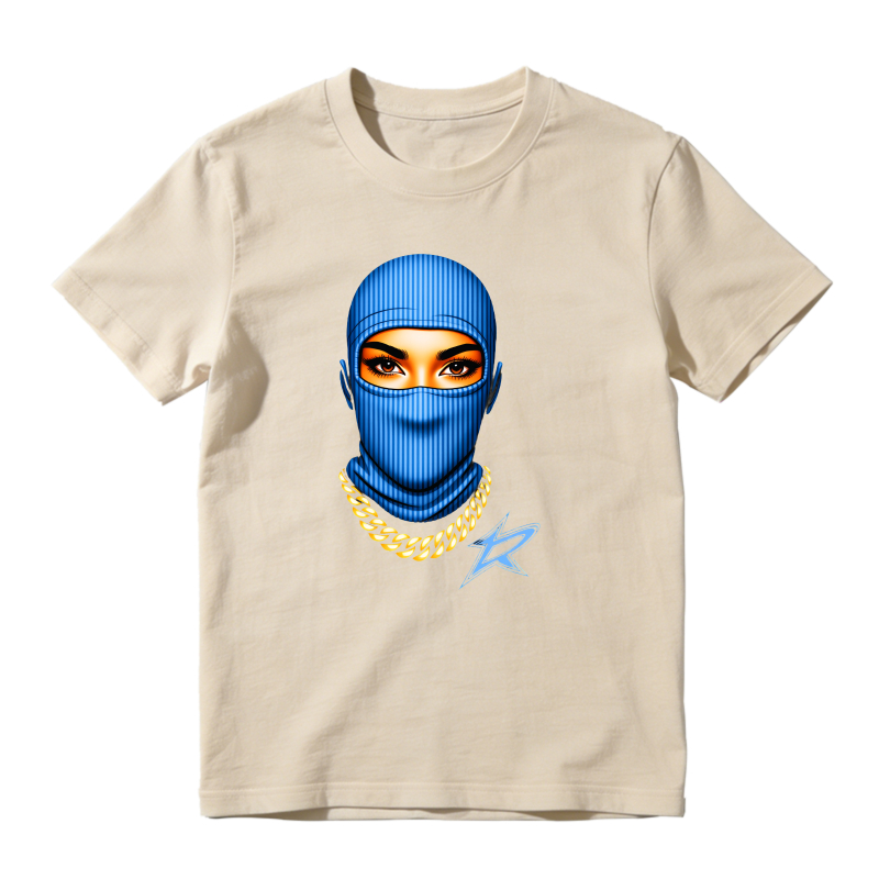 Blue Balaclava Face With Gold Chain And Star Shirt To Match Jordan 14 Black And University Blue - Sneaker Match Shirt