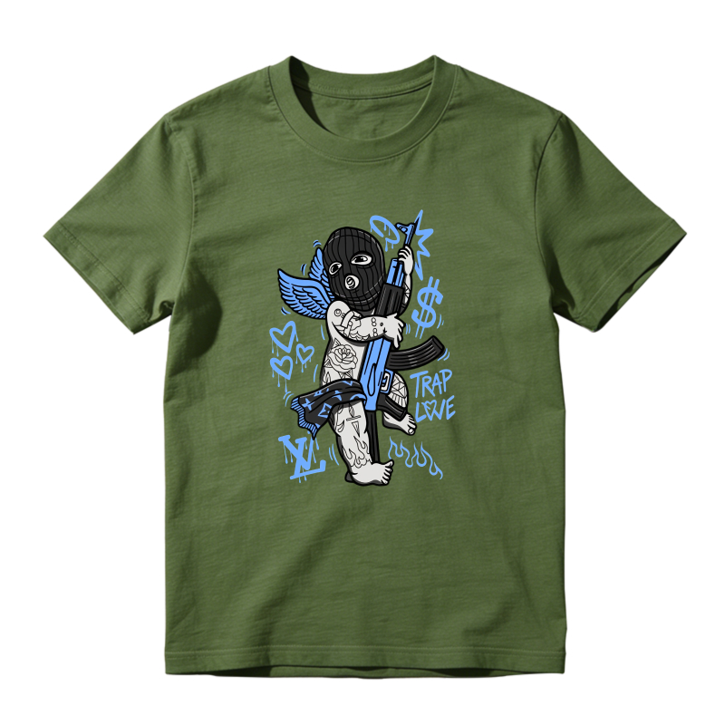 Angel With Gun And Trap Love Text Shirt To Match Jordan 14 Black And University Blue - Sneaker Match Shirt