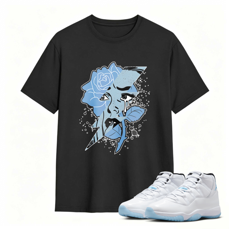 Blue Rose Face Art Shirt to Match Air Jordan 11 White Legend Blue - Sneaker Match Shirt