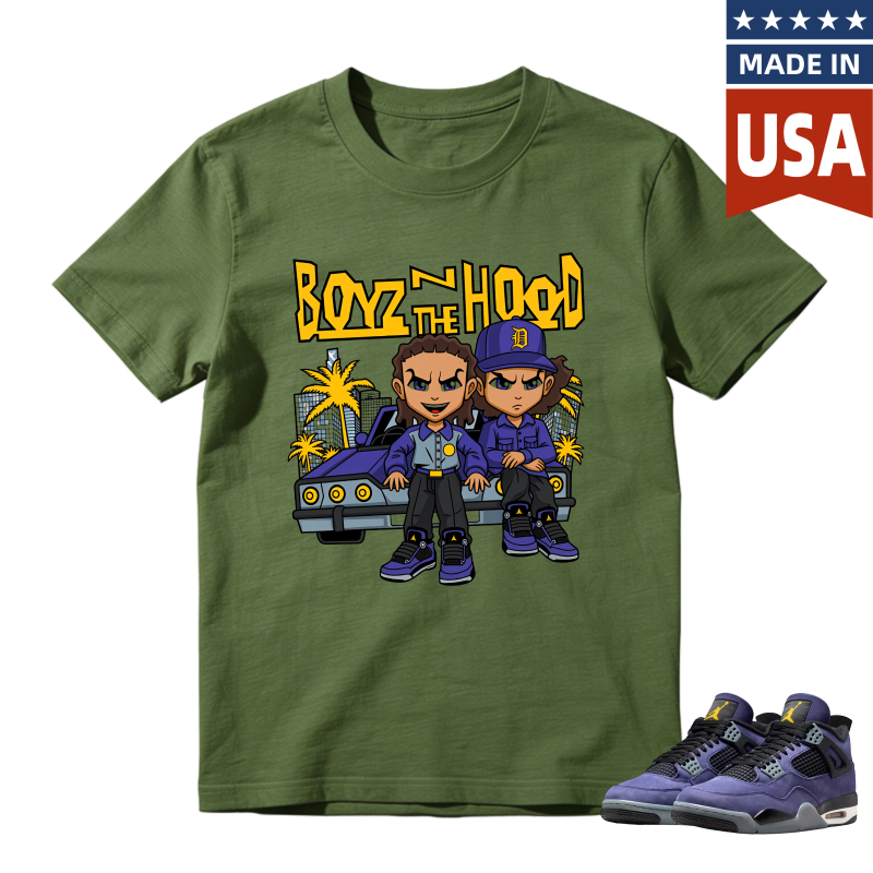Boyz N The Hood Cartoon Characters With Car And Palm Trees Shirt To Match Jordan 4 Lakers Imperial Purple Sneaker Match Shirt