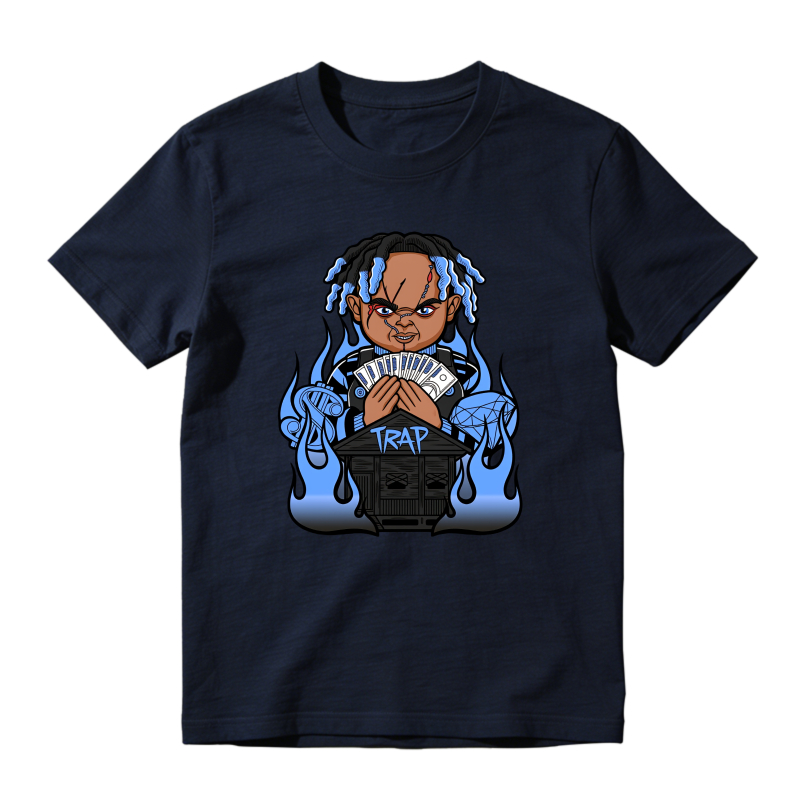 Cartoon Character With Blue Dreads Holding Money And Trap Sign Shirt To Match Jordan 14 Black And University Blue - Sneaker Match Shirt