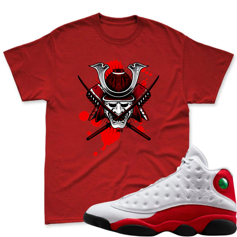 Samurai Helmet With Crossed Swords And Red Splatter Shirt To Match Air Jordan 13 Chicago Sneaker Match Shirt