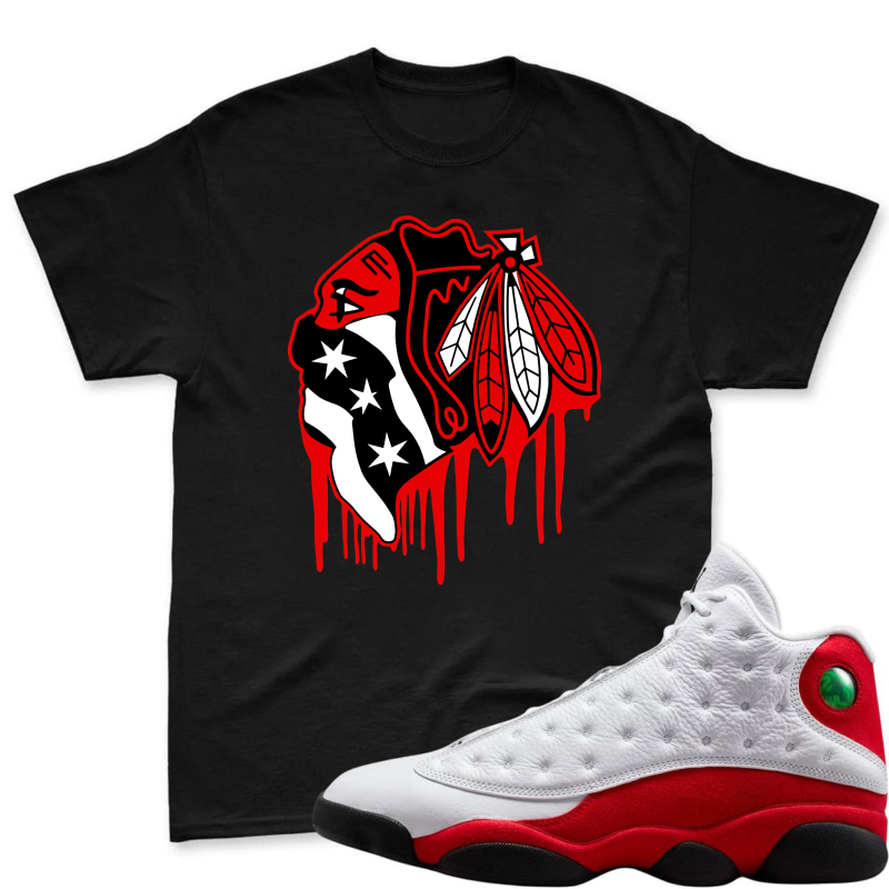 Chicago Bulls Logo With Drip Effect Shirt To Match Air Jordan 13 Chicago - Sneaker Match Shirt