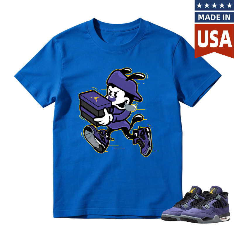 Cartoon Character Holding Shoe Box Shirt to Match Jordan 4 Lakers Imperial Purple - Sneaker Match Shirt