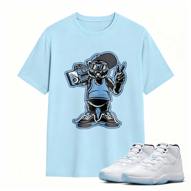 Cartoon Bear With Boombox And Sunglasses Shirt To Match Air Jordan 11 White Legend Blue - Sneaker Match Shirt