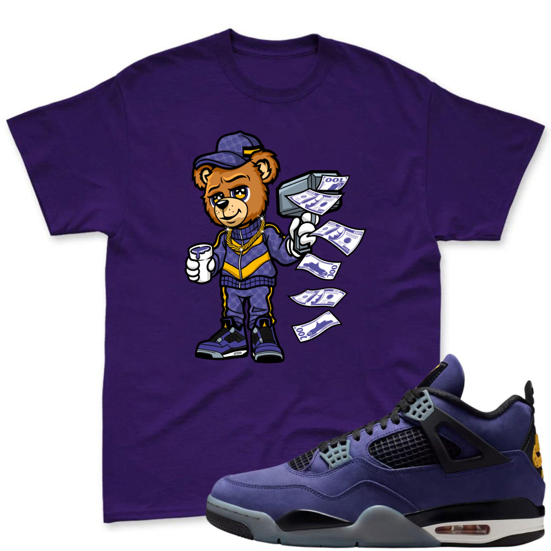 Cartoon Bear Holding Money And Coffee Shirt To Match Jordan 4 Lakers Imperial Purple - Sneaker Match Shirt