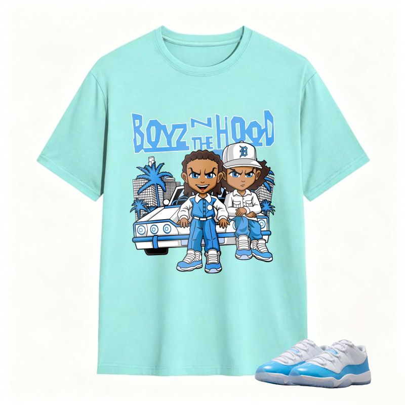 Boyz N The Hood Cartoon Characters With Car And Palm Trees Shirt To Match Jordan 11 University Blue Sneaker Match Shirt