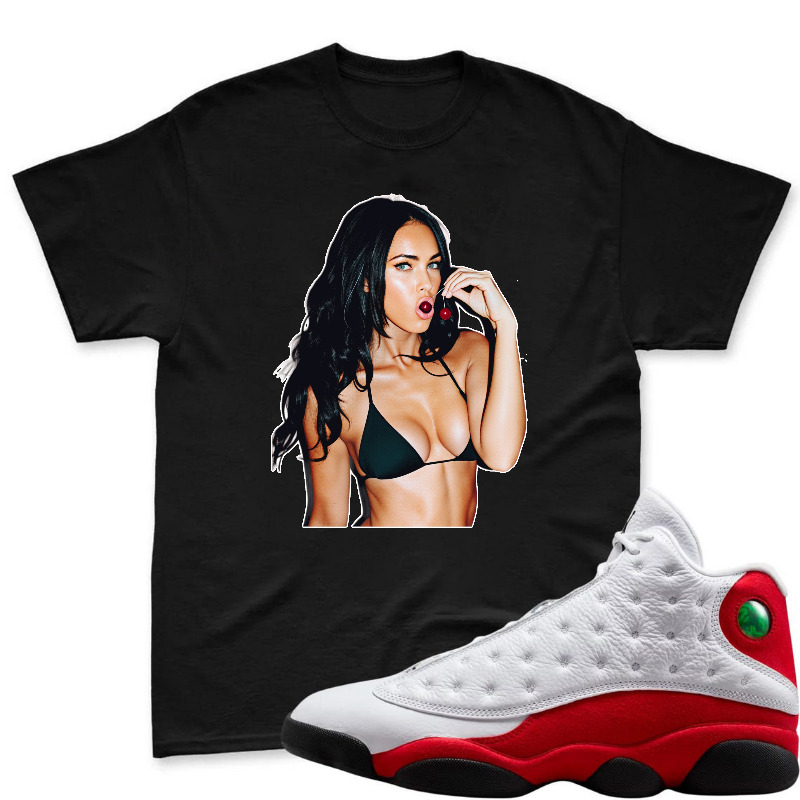 Woman In Bikini Holding Cherry Shirt To Match Air Jordan 13 Chicago - Sneaker Match Shirt