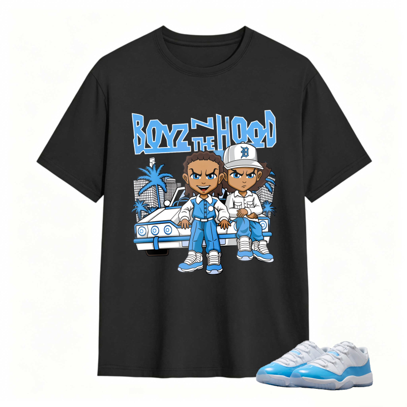 Boyz N The Hood Cartoon Characters With Car And Palm Trees Shirt To Match Jordan 11 University Blue Sneaker Match Shirt