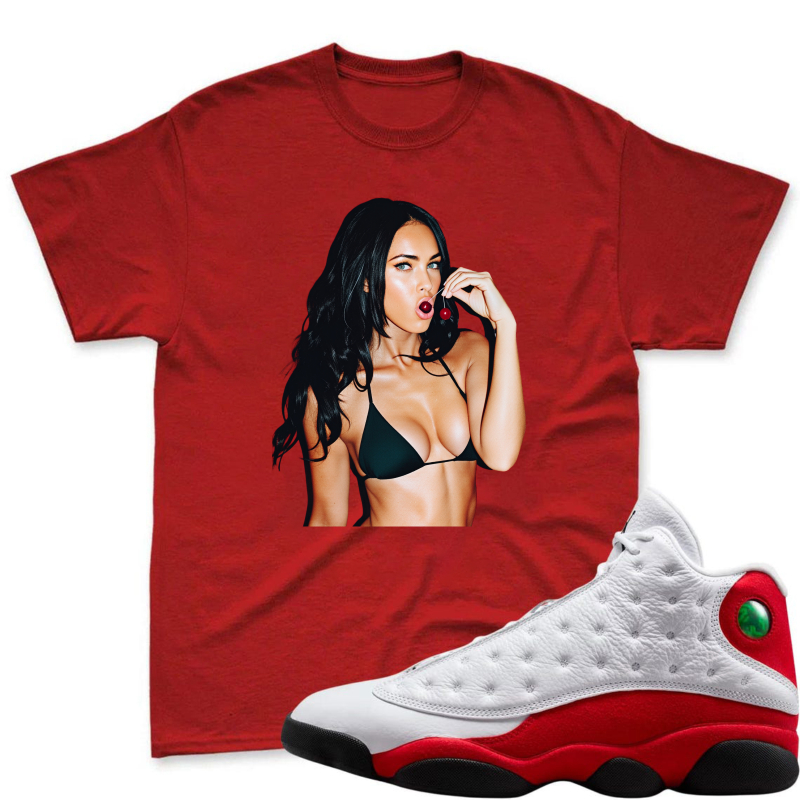 Woman In Bikini Holding Cherry Shirt To Match Air Jordan 13 Chicago - Sneaker Match Shirt