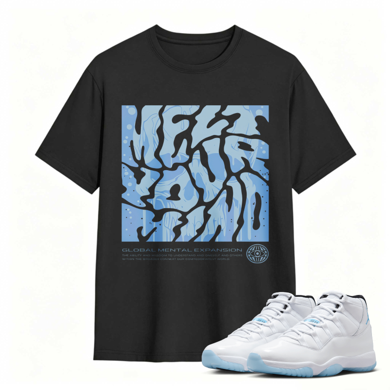 Abstract Blue Wave Pattern With Global Mental Expansion Text Shirt To Match Air Jordan 11 White Legend Blue Sneaker Match Shirt