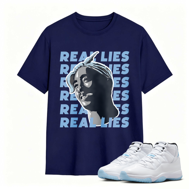Real Lies Text And Portrait Design Shirt To Match Air Jordan 11 White Legend Blue Sneaker Match Shirt