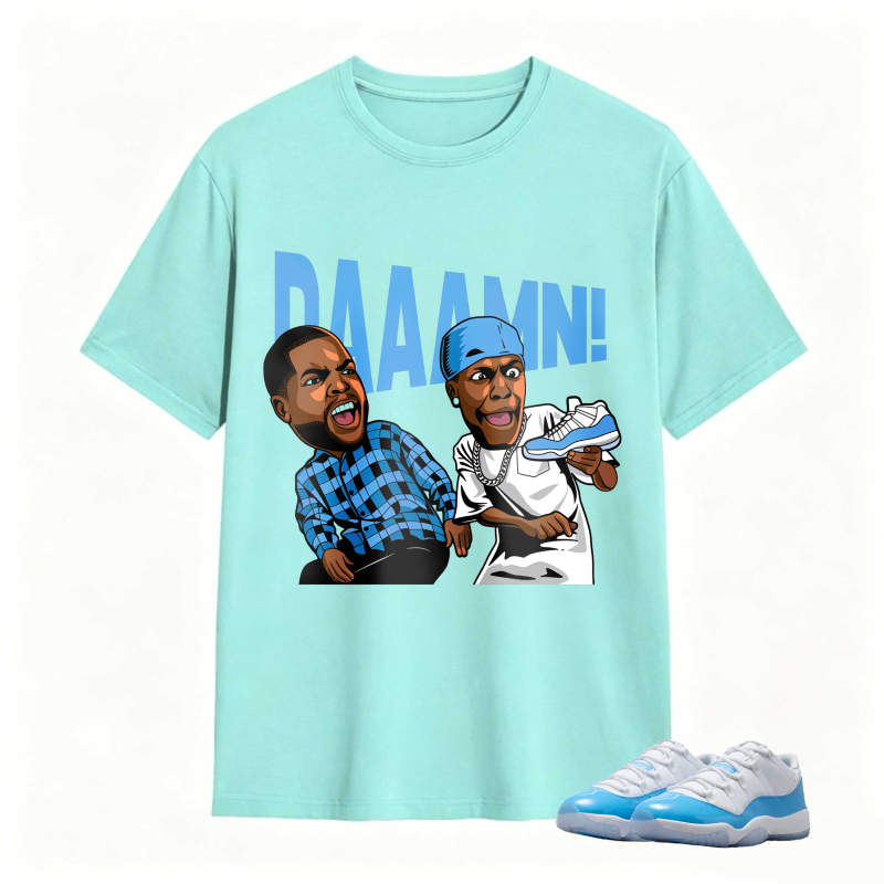 Cartoon Characters With Blue Sneaker And Daaamn Text Shirt To Match Jordan 11 University Blue - Sneaker Match Shirt