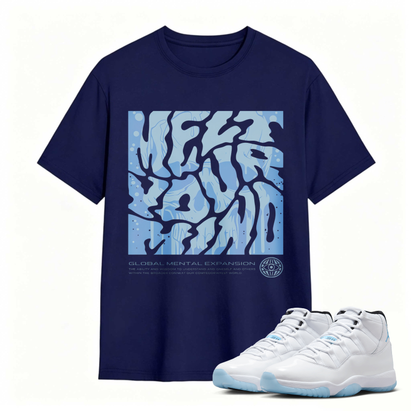 Abstract Blue Wave Pattern With Global Mental Expansion Text Shirt To Match Air Jordan 11 White Legend Blue Sneaker Match Shirt
