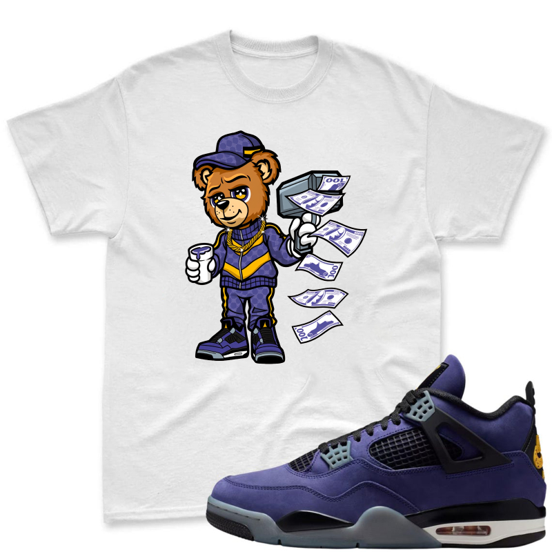 Cartoon Bear Holding Money And Coffee Shirt To Match Jordan 4 Lakers Imperial Purple - Sneaker Match Shirt