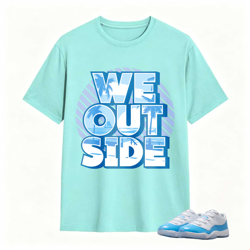We Outside Text With Palm Tree And Ocean Design Shirt To Match Jordan 11 University Blue Sneaker Match Shirt