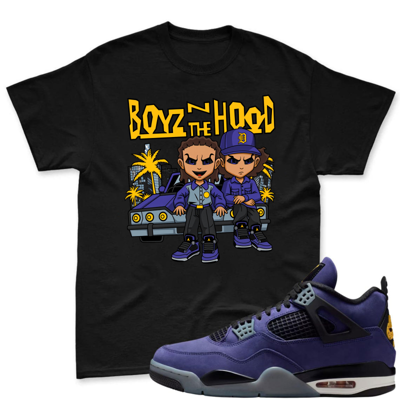 Boyz N The Hood Cartoon Characters With Car And Palm Trees Shirt To Match Jordan 4 Lakers Imperial Purple Sneaker Match Shirt