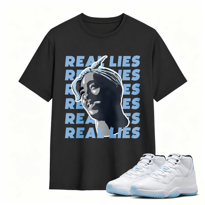Real Lies Text And Portrait Design Shirt To Match Air Jordan 11 White Legend Blue Sneaker Match Shirt